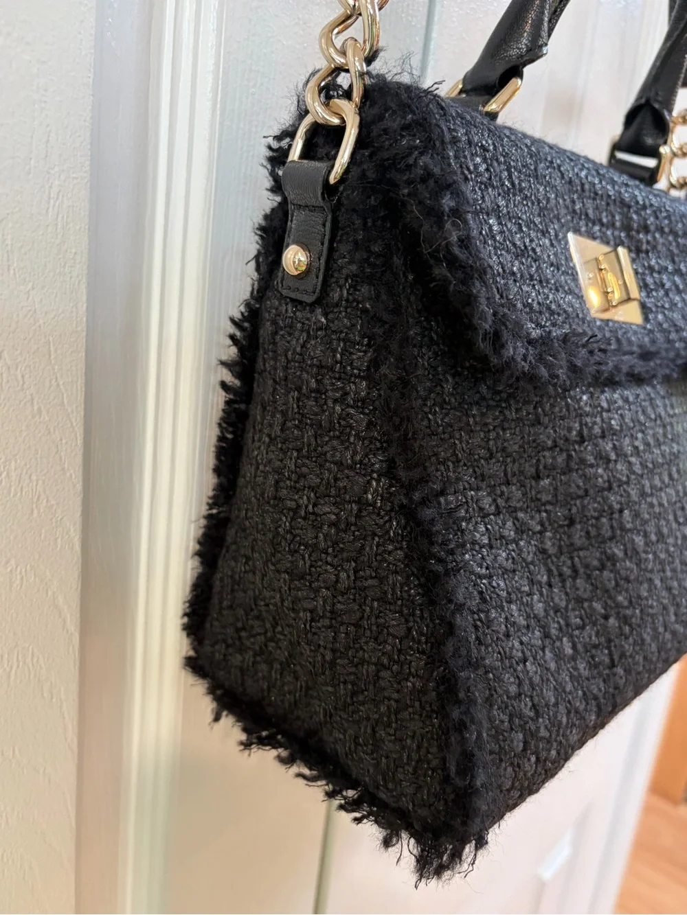 Kate Spade Nadine Black Wool Tweed Satchel with Gold Hardware